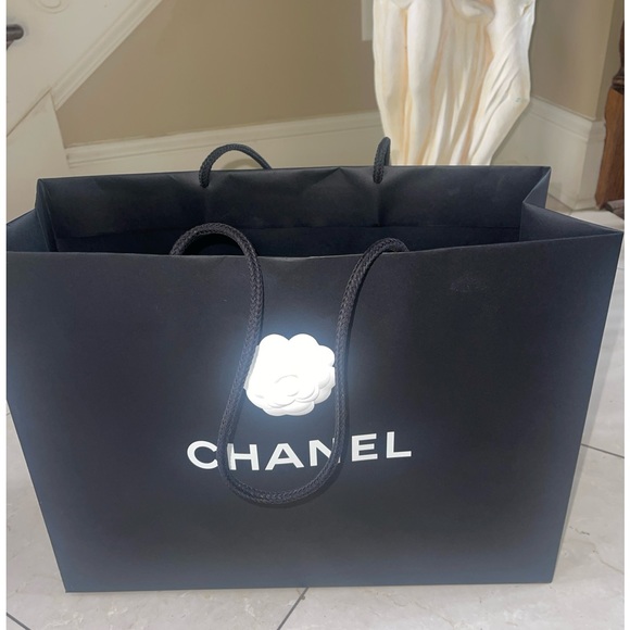 Chanel Empty Paper Black Shopping Bag Rope Handles 13” X17x6” With White Ribbon - Picture 3 of 12